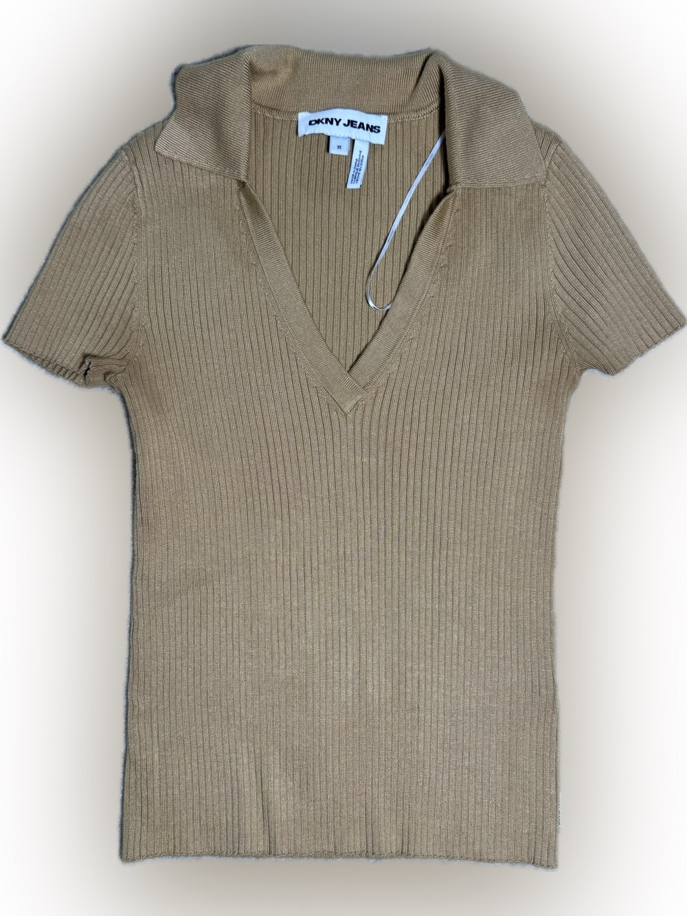 DKNY Jeans Tan Ribbed Knit V-Neck Collared Short Sleeve Sweater Top XS
